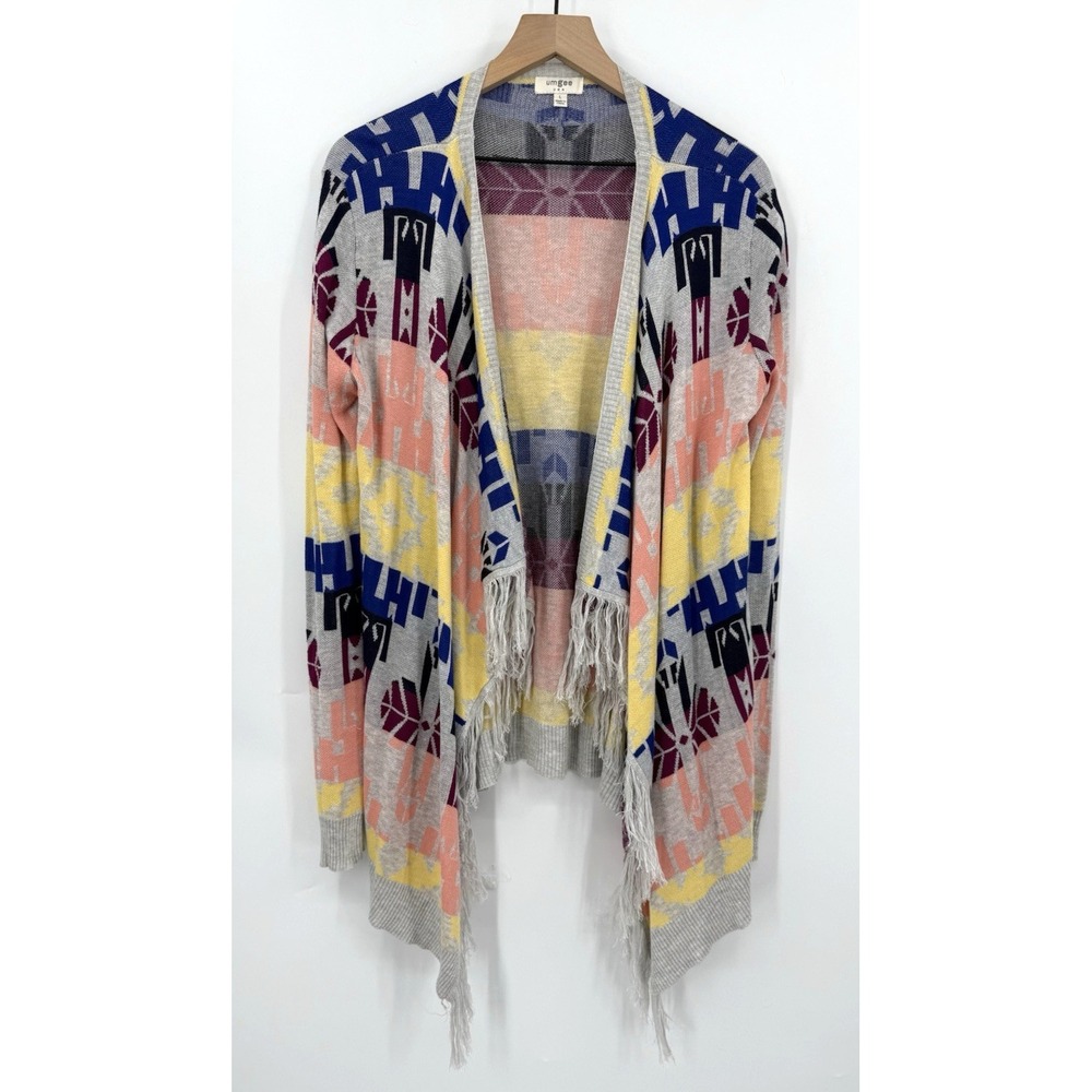 Umgee Sweater Womens Large Gray Cardigan Open Lightweight Knit‎ Fringe Colorful